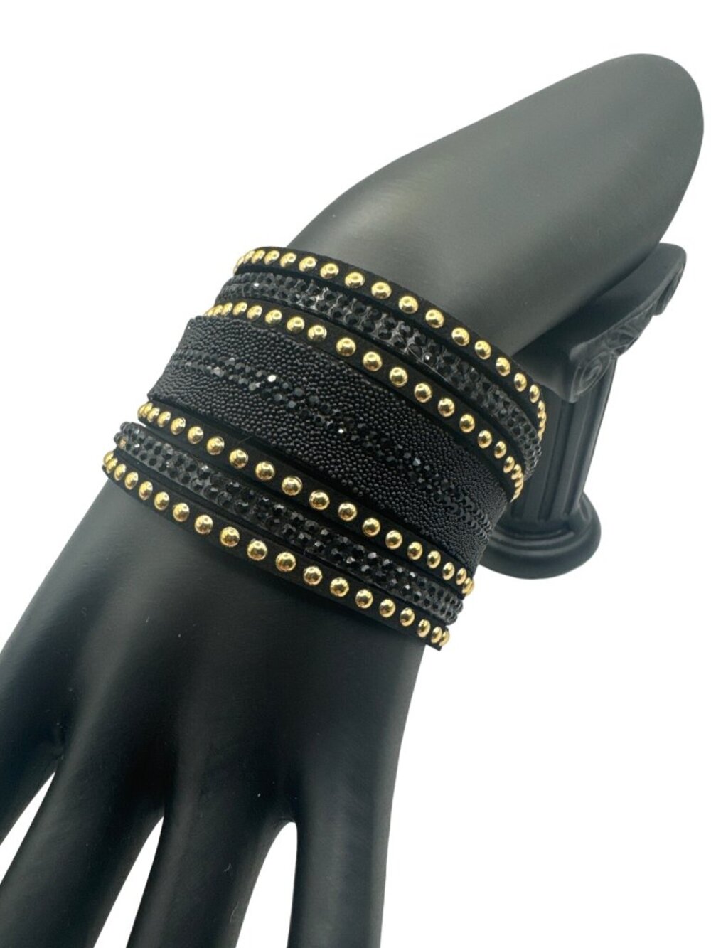 Black & Gold Studded Leather Bracelet With Snap Closure